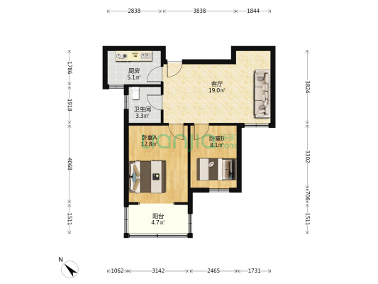 新铜花苑凤仪园 2室1厅1卫 67平方