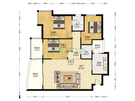 立源地 3室1厅2卫 132平方