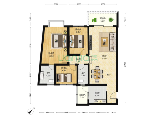 新秀佳园 3室1厅2卫 105平方