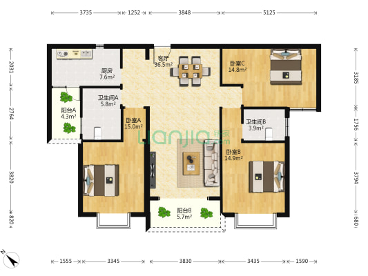 黄冈滨湖农苑 3室1厅2卫 134平方