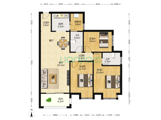 中航文峰上城 3室1厅2卫 121平方