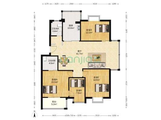 凤美家园 4室1厅2卫 126平方