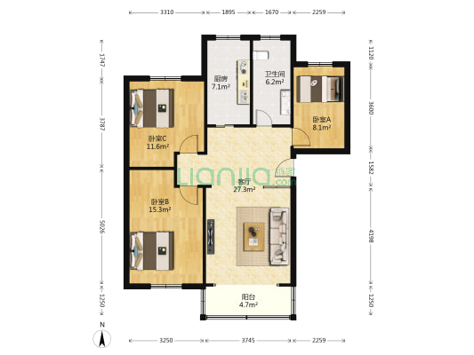 日晖苑 3室1厅1卫 96平方