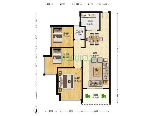 壹城中心峰尚 3室1厅1卫 91平方