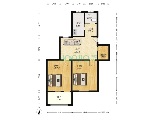 解放路15号 2室1厅1卫 77平方
