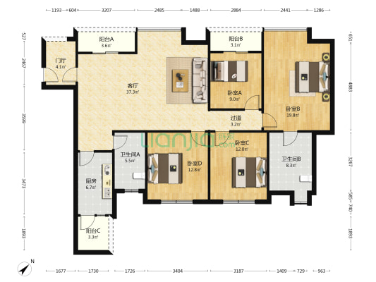 致瑞雅苑A区 4室1厅2卫 153平方