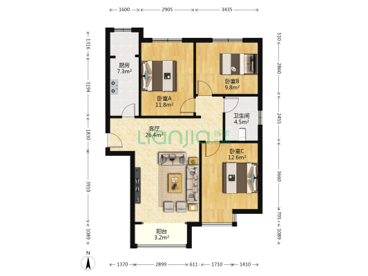绣水经典 3室1厅1卫 109平方