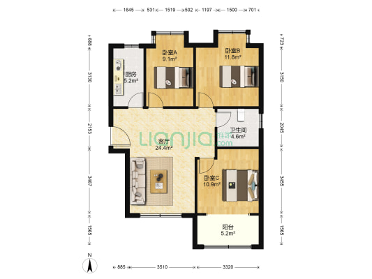 荣盛城二期 3室1厅1卫 104平方