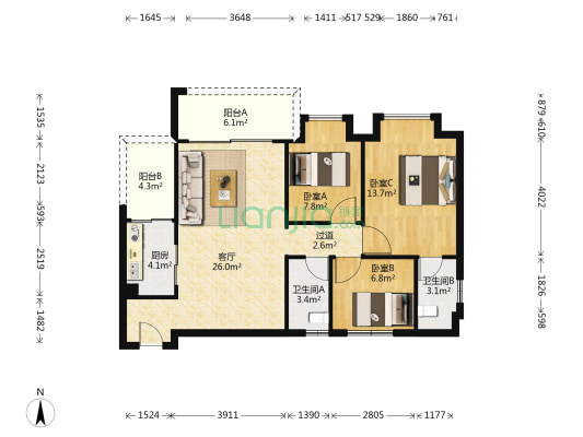 万豪水晶湾一期 3室1厅2卫 98平方