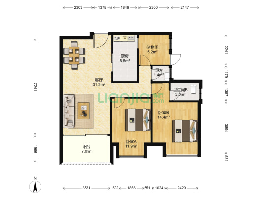 景源公园一号 2室1厅2卫 99平方