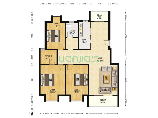 绿岛花园城市绿洲 3室1厅1卫 135平方