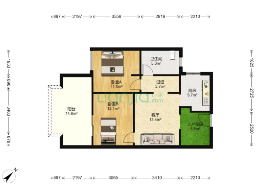 当代卡梅尔小镇 2室1厅1卫 77平方