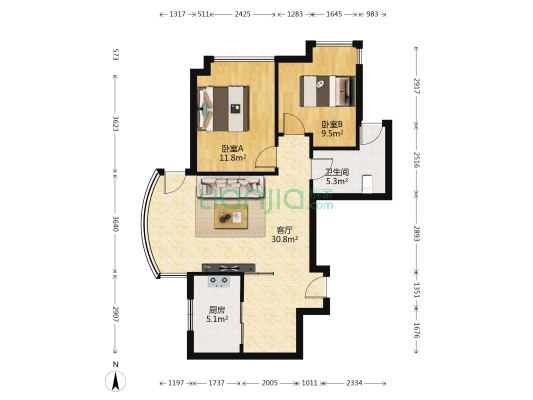多弗国际中心 2室1厅1卫 86平方