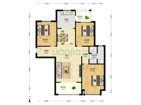 公园华府 3室1厅1卫 132平方
