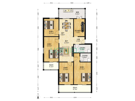 招商银行小区 5室2厅2卫 145平方