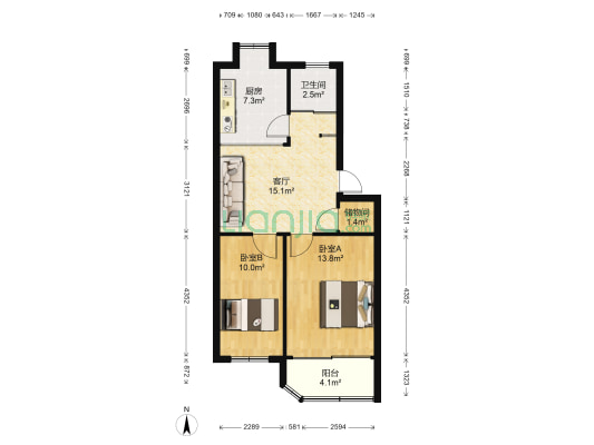 土城头1号 2室1厅1卫 61平方