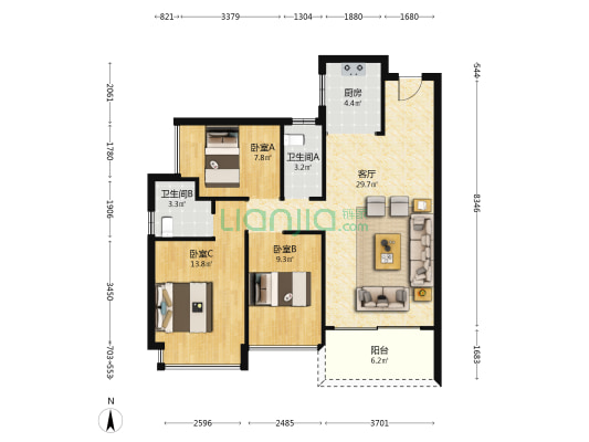 康怡翰林雅筑 3室1厅2卫 97平方