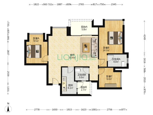 保利和光尘樾一期 3室1厅2卫 97平方