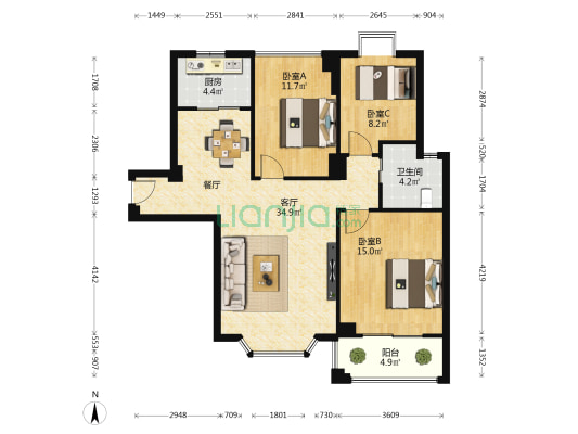 忠仑花园 3室1厅1卫 104平方