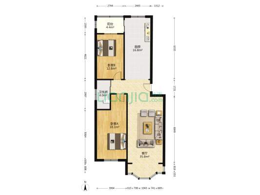 望月山庄 2室1厅1卫 117平方