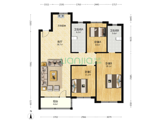 远洋锦唐 3室1厅2卫 124平方