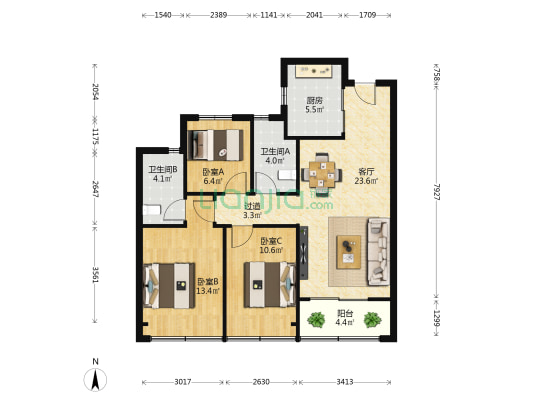 月映海棠园 3室1厅2卫 94平方