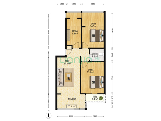万寿万景公寓 3室1厅1卫 73平方