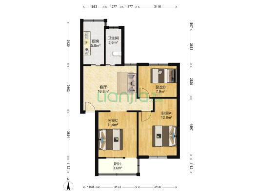 鹤池苑三区 3室1厅1卫 76平方