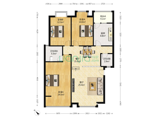海棠丽景 3室2厅2卫 128平方