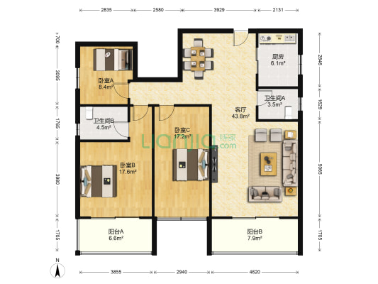 都城康欣园 3室1厅2卫 134平方