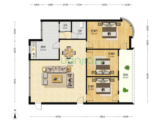 接力出版社宿舍 3室1厅2卫 117平方