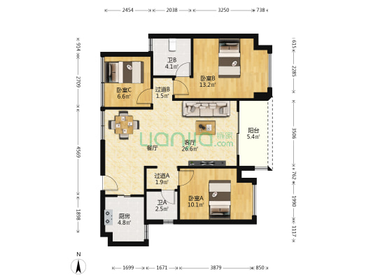 高新宝龙城 3室1厅2卫 98平方