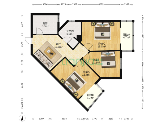 方兴大厦 3室1厅1卫 113平方