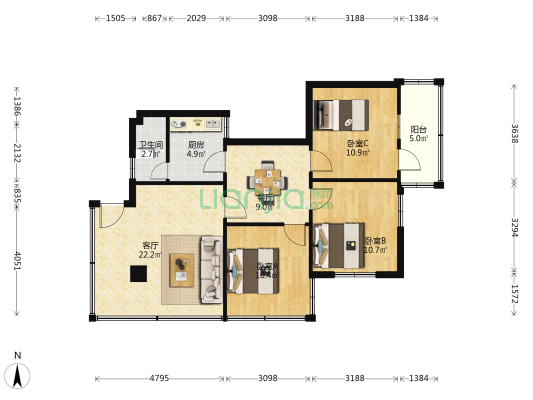 禾塘社区 3室2厅1卫 85平方