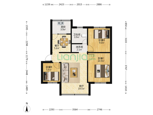 昆明市儿童福利院儿童医院生活区 3室2厅2卫 61平方