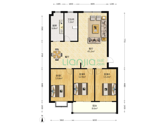 金福苑B区 3室1厅1卫 144平方