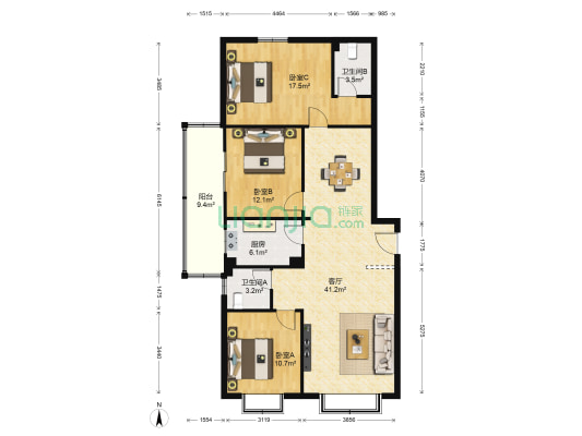嘉福小区 3室1厅2卫 145平方