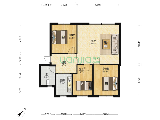 创业小区 3室1厅1卫 83平方