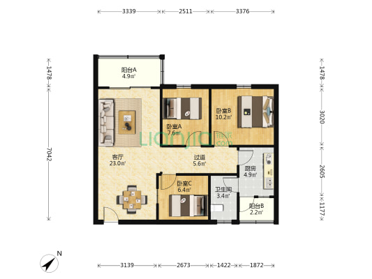 牛利岗大街77-81号宿舍（单号） 3室1厅1卫 84平方