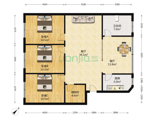 振兴大院 3室2厅1卫 126平方