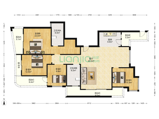 绍兴天下花园 4室1厅2卫 171平方