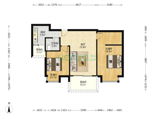 信邦龙湖时代 2室1厅1卫 88平方
