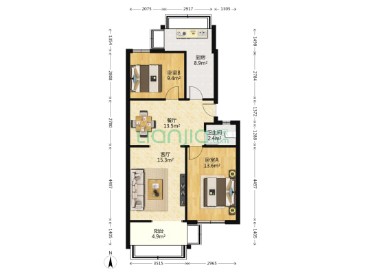 省质检所宿舍 2室2厅1卫 83平方