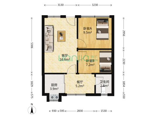 膜粉离研究所 2室2厅1卫 60平方