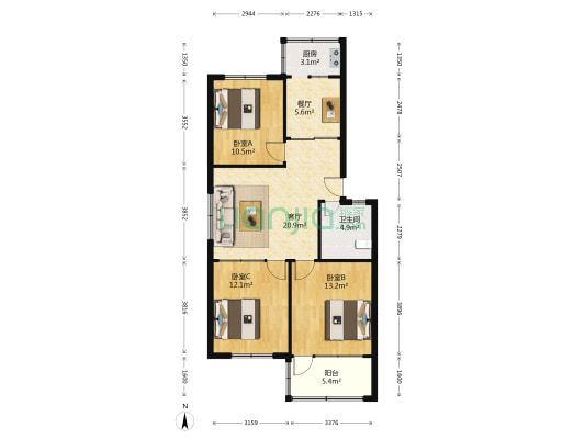 富贵田园 3室2厅1卫 96平方
