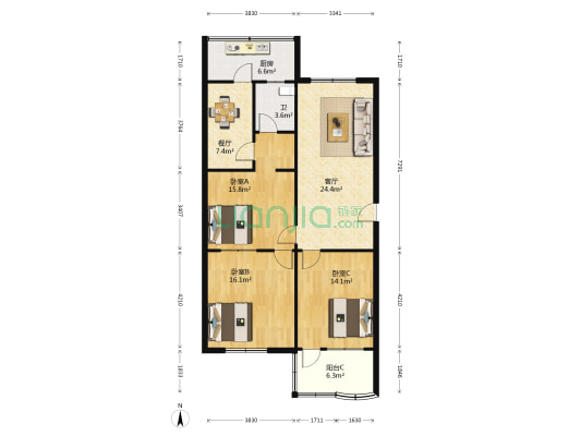 电业局宿舍 3室2厅1卫 106平方