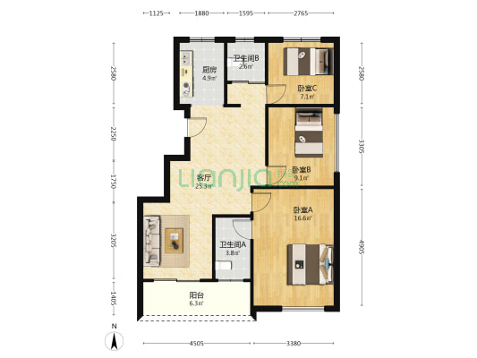 嘉御景园 3室1厅2卫 95平方