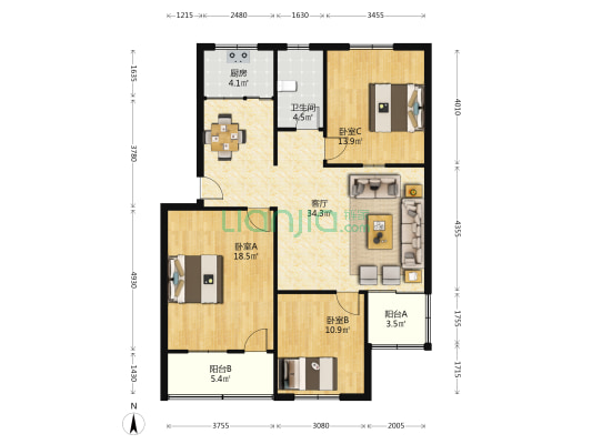 二中家属院 3室1厅1卫 108平方