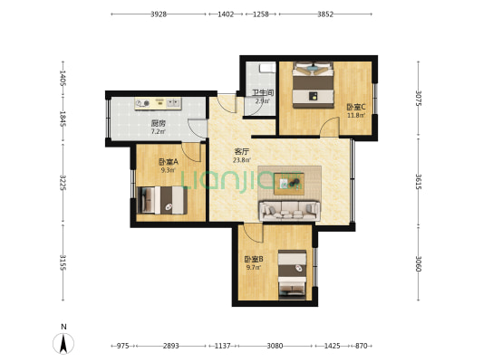 观文巷7号 3室1厅1卫 77平方
