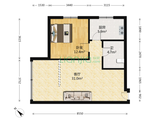 贤园小区 1室1厅1卫 62平方